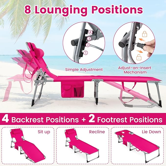 Goplus Tanning Chair, Folding Adjustable Patio Lounge Chair with Face Hole, Removable Pillow, 330LBS, Carry Strap, Outdoor Sunbathing Chair, Lightweight Portable Beach Lounge Chair, No Assembly