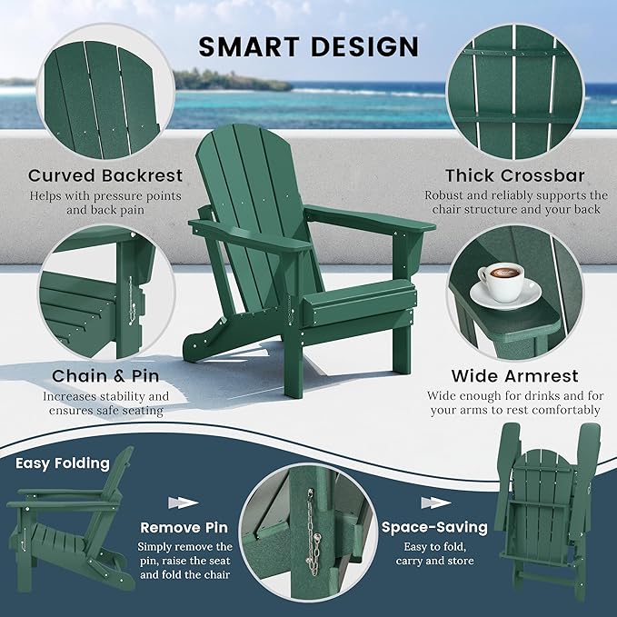 WO WESTIN OUTDOOR HDPE Laguna Outdoor Folding Poly Adirondack Chair (Set of 8),Dark Green