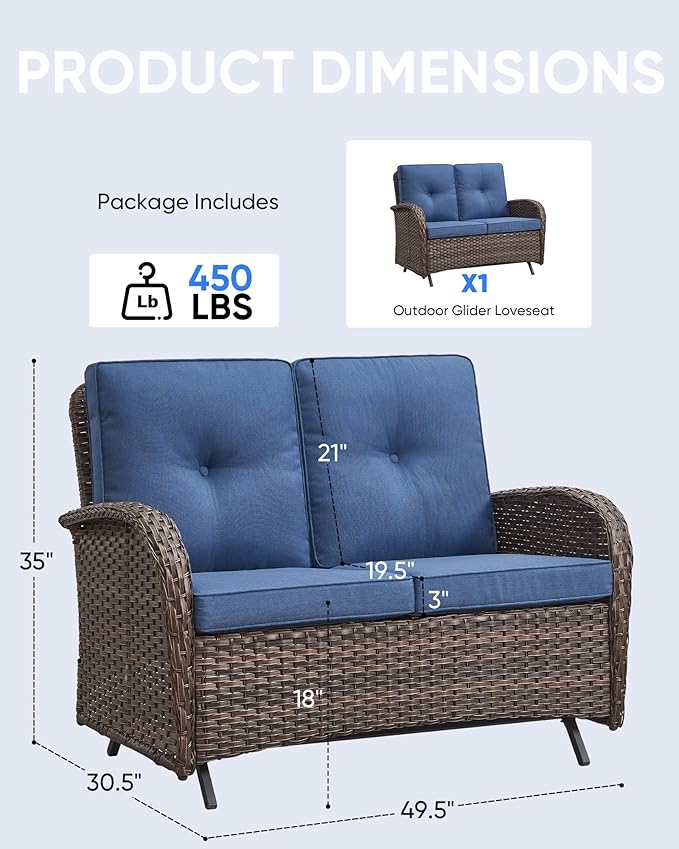 Outdoor Glider Bench-2 Seater Patio Glider Loveseat with High Back and Deep Seating Outdoor Couch for Deck Porch Garden - Photo 2