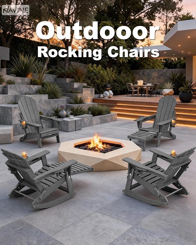 Adirondack Rocking Chair with Retractable Ottoman, All Weather Folding Adirondack Chair with Two Cup Holders, Adirondack Outdoor Rocking Chairs for Porch, Patio, Balcony. Grey