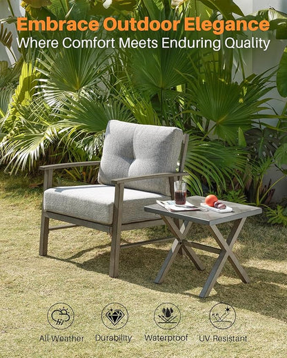 Aluminum Patio Furniture Set, 3 Pieces Outdoor Patio Bistro Set with Washable Thick Cushions, All Weather Patio Conversation Set with Coffee Table for Porch, Balcony, Lawn, Limed Oak