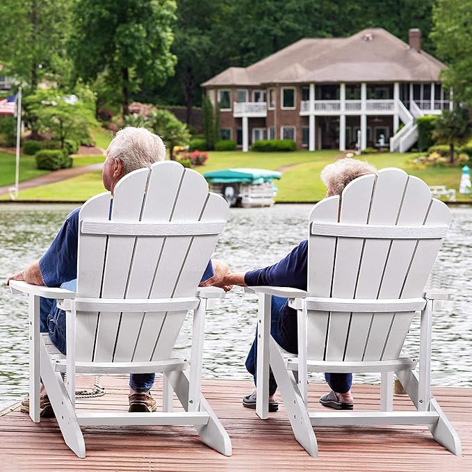 SNAN Adirondack Chair Weather Resistant with Cup Holder, Chair for Patio&Lawn & Garden,Poly Lumber,Fade-Resistant,All-Weather,Wood-Like Processing and Sturdy Outdoor Chair (White)
