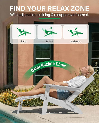 YEFU Adirondack Chair with Retractable Ottoman: Adjustable Folding Adirondack Chairs Set of 2 with Cup Holder - Fire Fit Chairs with Footrest - HDPE Plastic All Weather for Outdoor/Patio/Lawn(White)