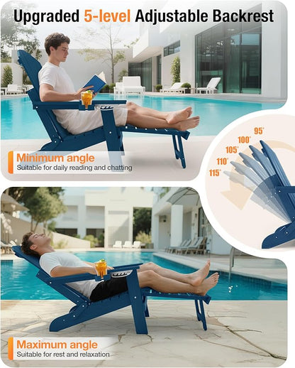 YEFU Adjustable Adirondack Chair with Footrest Set of 4, 5-Level Adjustable Adirondack Chair with Retractable Ottoman& 2 Cup Holder, Folding Adirondacks Chairs Use for Outdoor, Pool, Fire Pit (Navy)