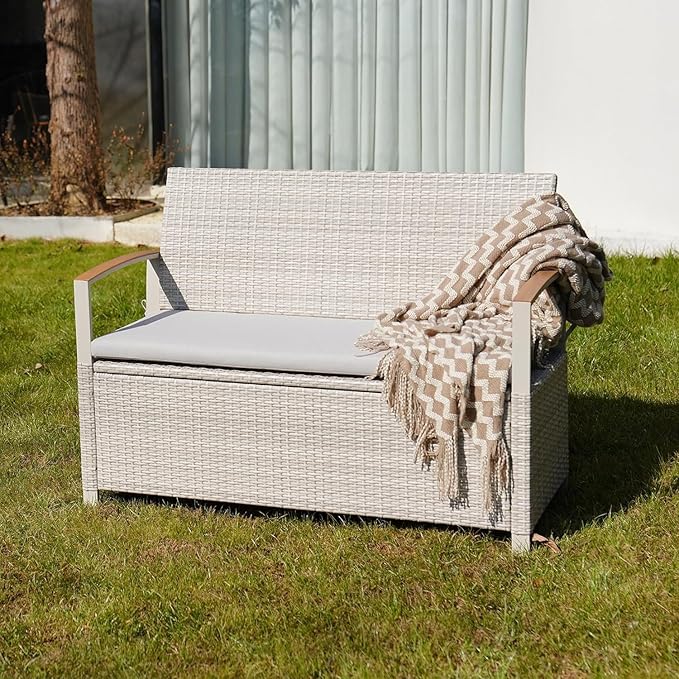 Grand patio Outdoor Storage Bench Deck Box with Olefin Cushion, Wicker Deck Box with Water Resistant Bag, Outdoor Seating for Front Porch, Store Garden Tools and Pool Storage (Grey)