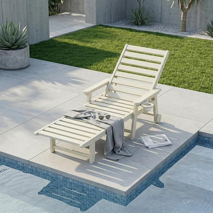 5-Position Adjustable Lounge Chair Outdoor, HDPE Outdoor Chaise Lounge with Cup Holder & Wheels, Pool Lounge Chairs for Poolside, Beach, Deck, White