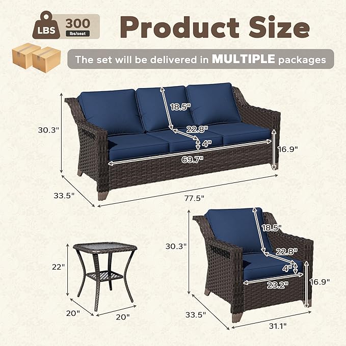 4 Pieces Patio Conversation Furniture Set - 1 Sofa, 2 Armchairs, 1 Side Table - Photo 2
