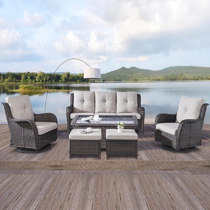 Rilyson Wicker Patio Furniture Set - 6 Piece Rattan Outdoor Sectional Conversation Sets with 2 Swivel Rocking Chairs - Photo 7
