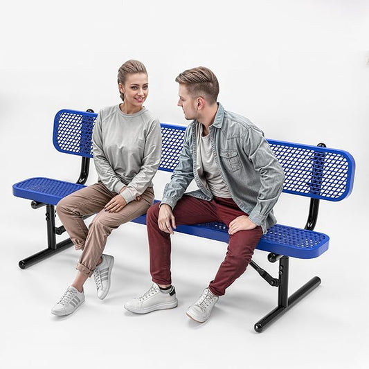 Heavy-Duty Outdoor Metal Bench, Thermoplastic-Coated, Portable, Weatherproof, Commercial-Grade for Parks, Gardens, Patios, Stores & More (6 Ft - Portable with Back, Blue)