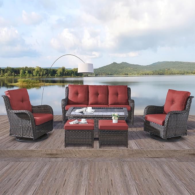 Rilyson Wicker Patio Furniture Set - 6 Piece Rattan Outdoor Sectional Conversation Sets with 2 Rocking Chair, 2 Ottoman - Photo 7