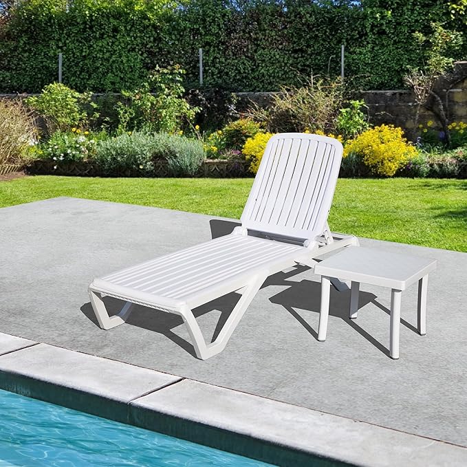 Domi Outdoor Chaise Lounge, Pool Lounge Chair Plastic Adjustable Recliner in-Pool Lounger Tanning Lounge Chair with Table for in-Pool, Beach, Poolside, Lawn, White