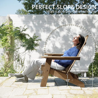 LUE BONA Folding Adirondack Chair Set of 2, HDPS Weather Resistant Patio Chair, 350lbs Heavy Duty, One-Step Folding for Balcony Garden, Wood Grain Texture, Outdoor Fire Pit Seating, Brown
