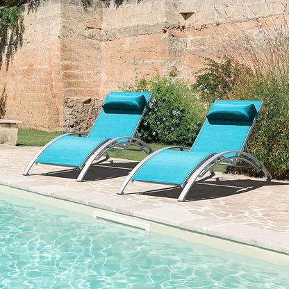 Domi Pool Lounge Chairs Set of 2, Aluminum Adjustable Outdoor Chaise Lounge, All Weather Poolside Chairs for Deck Lawn Poolside, Textilene (Turquoise Blue)