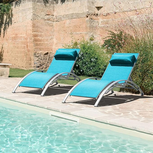 Domi Pool Lounge Chairs Set of 2, Aluminum Adjustable Outdoor Chaise Lounge, All Weather Poolside Chairs for Deck Lawn Poolside, Textilene (Turquoise Blue)