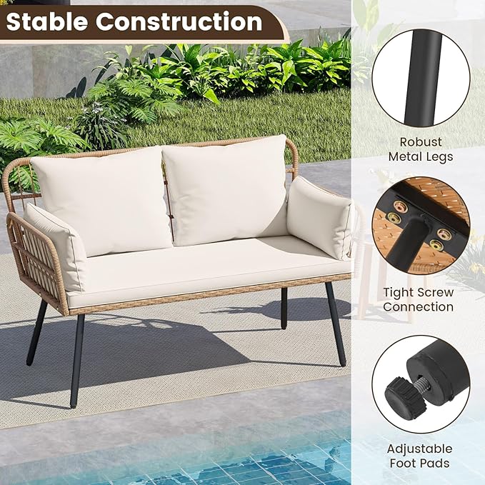 HAPPYGRILL Patio Loveseat Sofa Rattan Wicker 2-Seater Couch with Cushions & Lumbar Pillows, Metal Legs, Outdoor Furniture for Balcony, Porch, Deck (Off White)