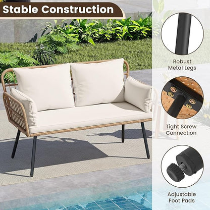 HAPPYGRILL Patio Loveseat Sofa Rattan Wicker 2-Seater Couch with Cushions & Lumbar Pillows, Metal Legs, Outdoor Furniture for Balcony, Porch, Deck (Off White)