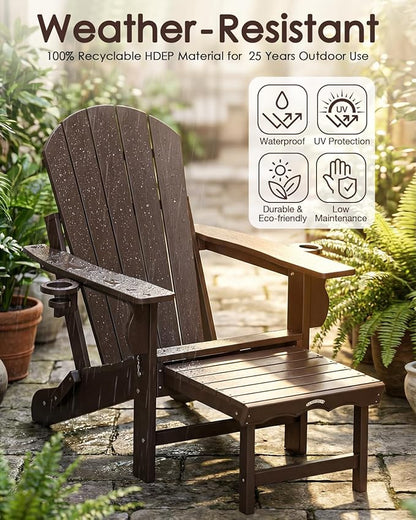 Folding Adirondack Chair with Ottoman, Recyclable HDPE Adirondack Patio Chair with 2 Cup Holder, Outdoor Fire Pit Chairs with Pull Out Footrest, Weather Resistant for Garden, Deck, Poolside, Brown
