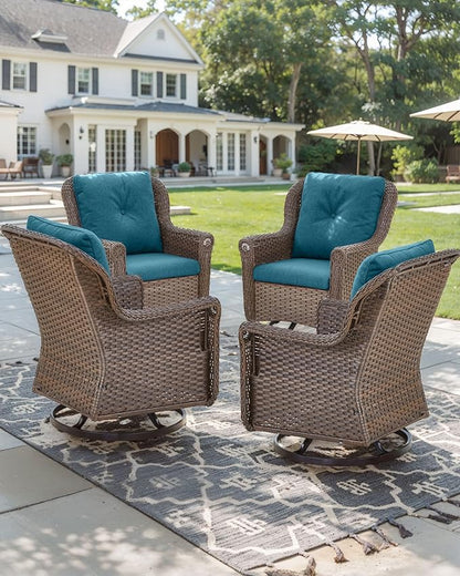 Patio Chairs Outdoor Swivel Glider - Set of 4 High Back Outside Brown Wicker Rattan Rocking Chair with Thick Cushion for Porch Apartment Deck Yard Poolside Garden - Peacock Blue