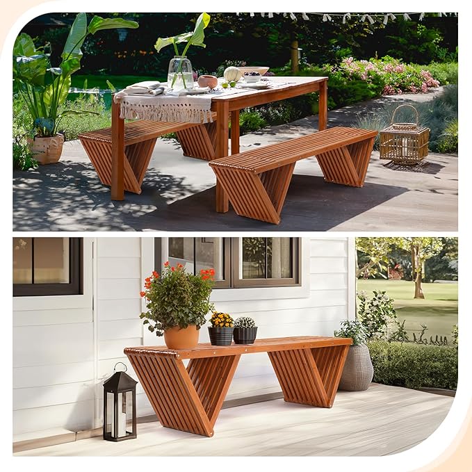 VINGLI Outdoor Wooden Bench, 63" All Weather Patio Bench Porch Bench, 600lb Capacity Outdoor Backless Benches for Yard Park Garden