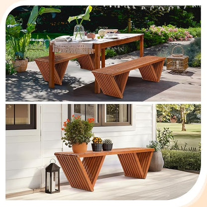 VINGLI Outdoor Wooden Bench, 63" All Weather Patio Bench Porch Bench, 600lb Capacity Outdoor Backless Benches for Yard Park Garden