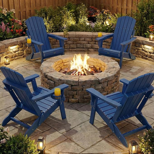 Adirondack Chairs Set of 4 for Outdoor Patio: Sturdy HDPE Plastic Fire Pit Chairs with Cup Holder & Wood Texture - Comfortable Easy to Assembly All-Weather Furniture - Easy Foldable and Stackable