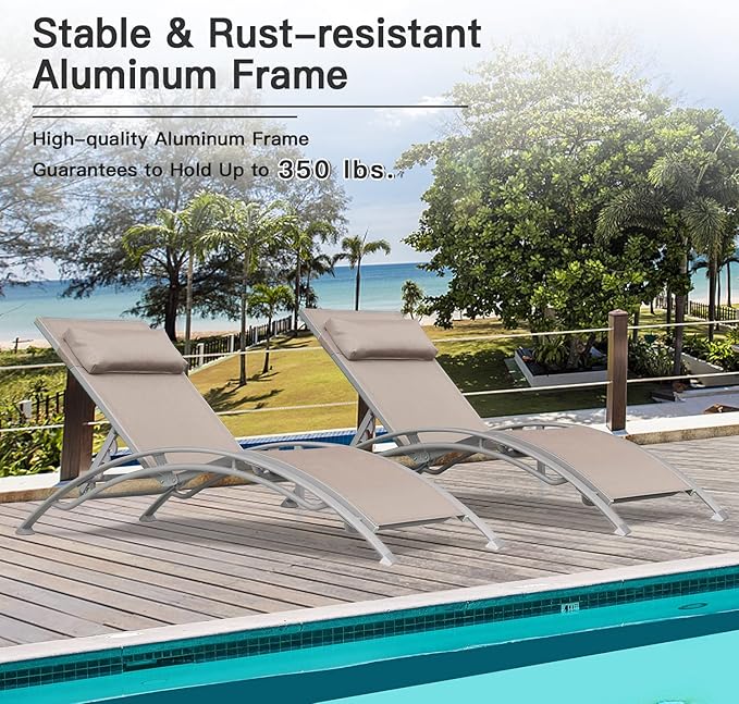 Domi Lounge Chair Set of 2, Aluminum Lounge Chairs for Outside with 5 Adjustable Positions, Chaise Lounge Outdoor for Pool, Garden, Beach, Camping, Backyard (Khaki)