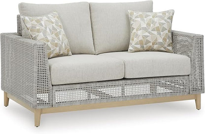 Signature Design by Ashley Seton Creek Cottage Nuvella Weather Resistant Fabric Outdoor Loveseat with Cushion and 2 Throw Pillows, Light Brown & Light Gray