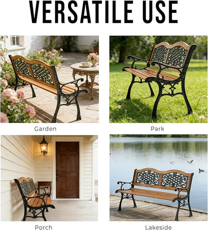 49" Outdoor Wood Bench for Garden, Patio & Porch, 2-Person Bench with Iron Armrests, PVC Backrest, Weather-Resistant Hardwood Seat, Natural Wood & Bronze
