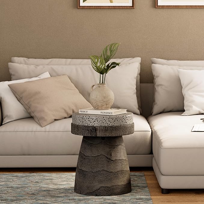 HOMPUS Outdoor Side Table with Imitation Terrazzo Desktop - Lightweight Mushroom Shape End Table, MgO Patio Accent, Unique Plant Stand, Concrete Coffee for Indoor Outdoor Use, Grey