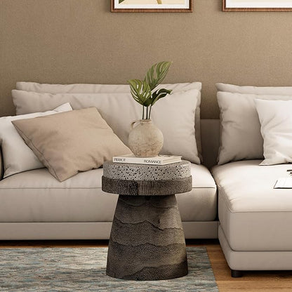 HOMPUS Outdoor Side Table with Imitation Terrazzo Desktop - Lightweight Mushroom Shape End Table, MgO Patio Accent, Unique Plant Stand, Concrete Coffee for Indoor Outdoor Use, Grey