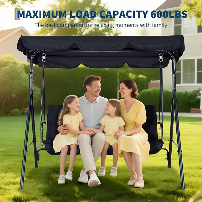 GarveeLife Outdoor Porch Swing Chair with Adjustable Canopy for Adults, 3-Seat Patio Glider Bench with Thick Cushions - Photo 2