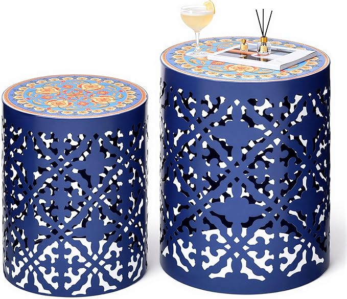 2-Pack Outdoor Side Table, Modern Decorative Coffee Table with Vintage Scroll Cut-Out Design, Heavy Duty Metal Mosaic Table with No Assembly, Industrial Round Garden Stool for Patio, Indoor