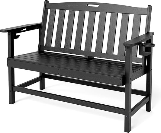 Sophia & William HDPE Outdoor Bench Weatherproof, 2-Person Garden Bench with Cup Holders, 700 lbs Capacity, Patio Benches for Porch, Garden, Backyard and Park, Black