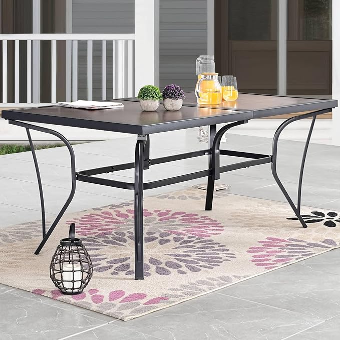 Outdoor Dining Table 63" Rectangular Metal Patio Dining Table for 6 with Wood Grain Tabletop Galvanized Steel Frame