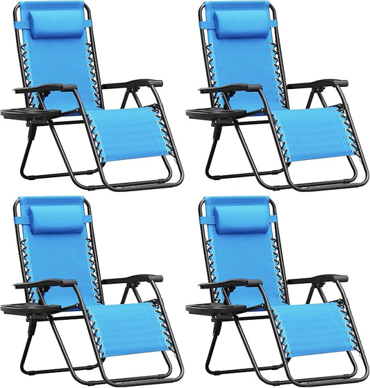 Homall Zero Gravity Chair Patio Folding Lawn Outdoor Lounge Gravity Camp Reclining Lounge Chair with Cup Holder Pillows for Poolside Backyard and Beach Set of 4 (Sky Blue)