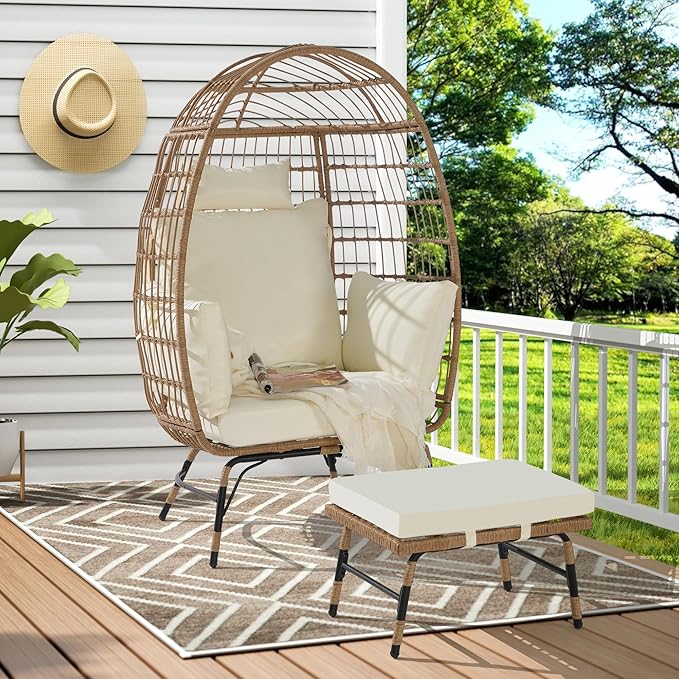 Oversized Wicker Egg Chair with Ottoman, Rattan Patio Egg Chair with Stand and Thick Cushions, Indoor Outdoor Lounge Chair for Backyard, Balcony, Living Room, Beige＋Ottoman