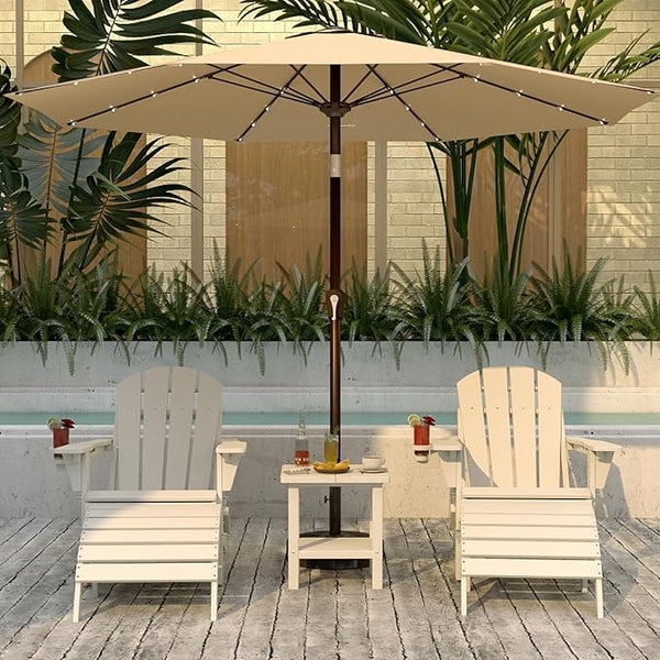 White 6-Piece Folding Adirondack Chair Set with Cup Holders, Ottomans, Side Table & Beige 9FT Patio Umbrella with Base - Photo 1