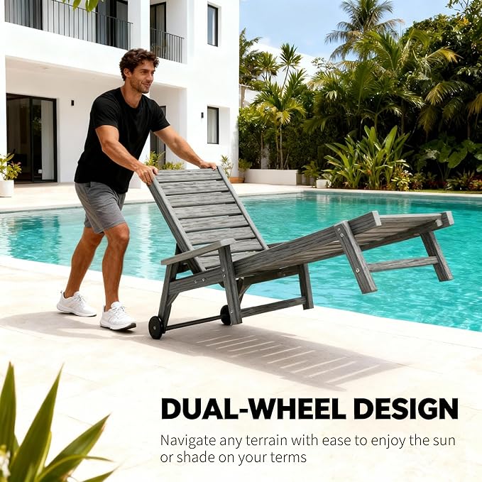 Patio Chaise Lounges Set of 2, HDPE Outdoor Lounge Chairs with Adjustable Backrest, Wheels, Armrest, All Weather Poly Lumber Recliner for, Poolside, Porch, 350lbs Weight Capacity (Grey)