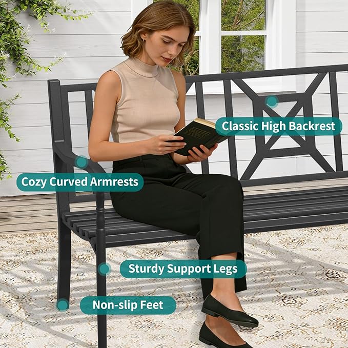 Metal Bench Patio Bench,Outdoor Benches Weatherproof with Lattice Backrest, Wrought Iron Garden Benches for Outdoors, Patio, Garden, Park