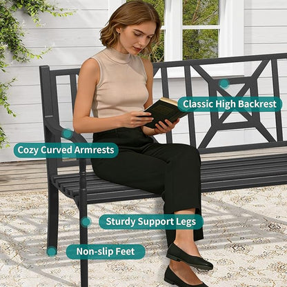 Metal Bench Patio Bench,Outdoor Benches Weatherproof with Lattice Backrest, Wrought Iron Garden Benches for Outdoors, Patio, Garden, Park
