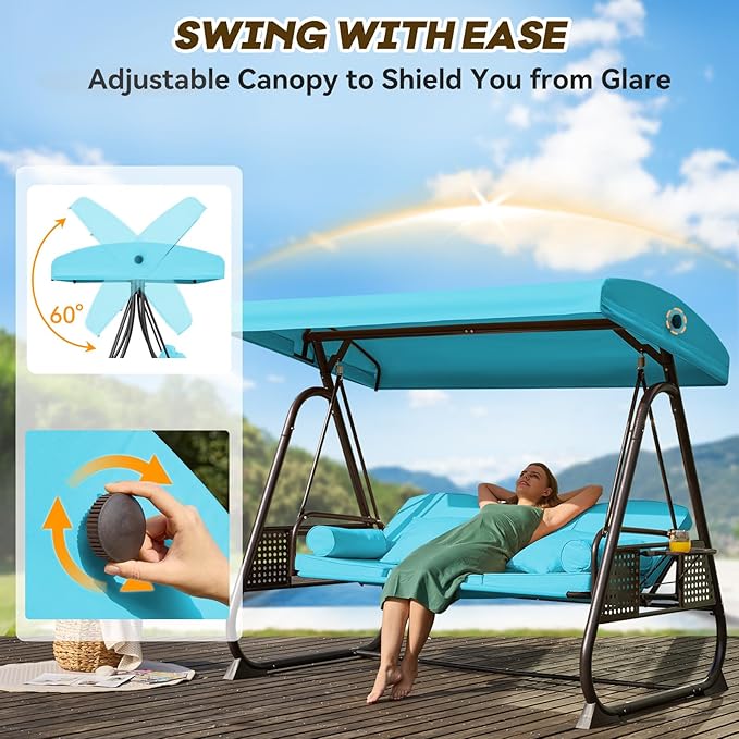 3 in 1 Outdoor Porch Swing with Adjustable Canopy, 3 Seat Outdoor Swing for Adults - Photo 3