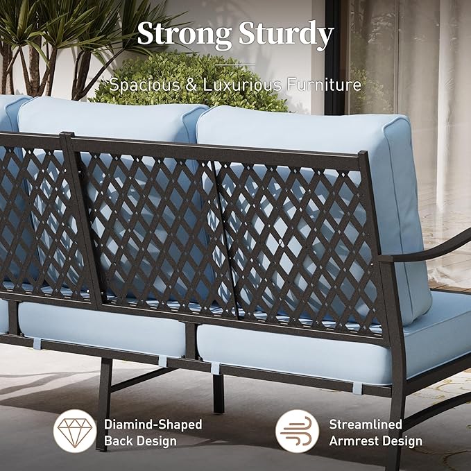 Metal Patio Furniture Sofa with 5.75" Extra Thick Waterproof Cushion, 3-Seater Deep Seating & High-Back Outdoor Couch All Weather Outdoor Seating for Backyard Deck Front Porch, Blue