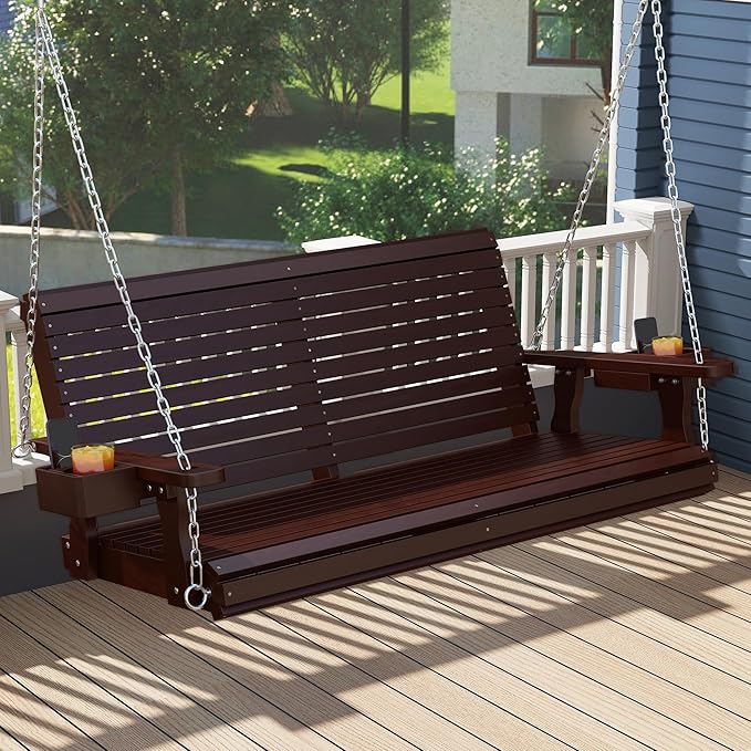 Real Relax Front Porch Swing, Wooden 2-Seater Outdoor Hanging Patio Swing Chair with Cup Holders - Photo 1