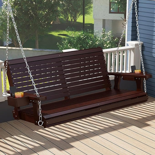 Real Relax Front Porch Swing, Wooden 2-Seater Outdoor Hanging Patio Swing Chair with Cup Holders, Upgraded 22" Deep Seat Bench, Heavy Duty 880 Lbs for Courtyard, Garden, Backyard 4 Ft (Brown)