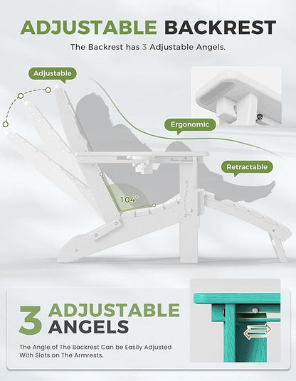Ciokea Folding Adirondack Chair with Retractable Ottoman Fire Pit Patio Chair with Pull Out Foot Rest Weather Resistant Lawn Outdoor Lounge Chair with 2 Cup Holder (White)