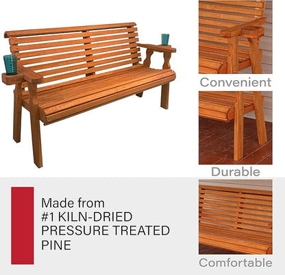 Amish Casual Heavy Duty Pressure Treated 4 Foot Outdoor Garden Bench with Cup Holders - Amish Crafted Roll Back Design in Cedar Stain, 700 Lb Weight Capacity