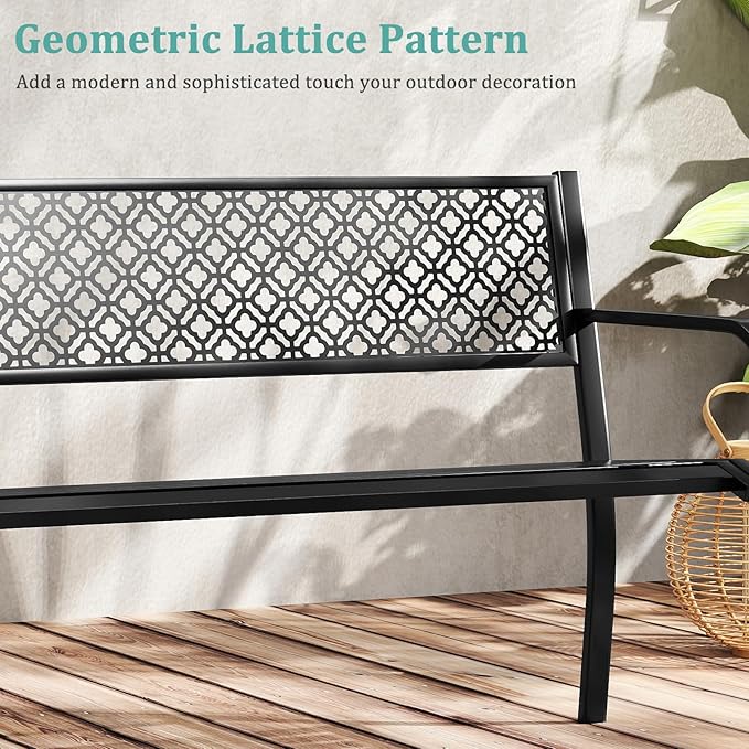 Tangkula 50 Inches Outdoor Garden Bench, Metal Patio Park Bench with Geometric Lattice Backrest, Armrests and Slatted Seat, Outdoor Loveseat Chair for Porch, Lawn and Yard (Black)