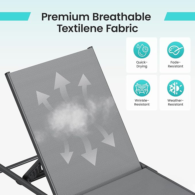 Amopatio Foldable Patio Lounge Chair, Portable Pool Chaise Lounges, Heavy Duty Iron Frame, Breathable Textilene,Weather Resistant, 5-Position Adjustable Backrest, 400 LBS Capacity,Gray