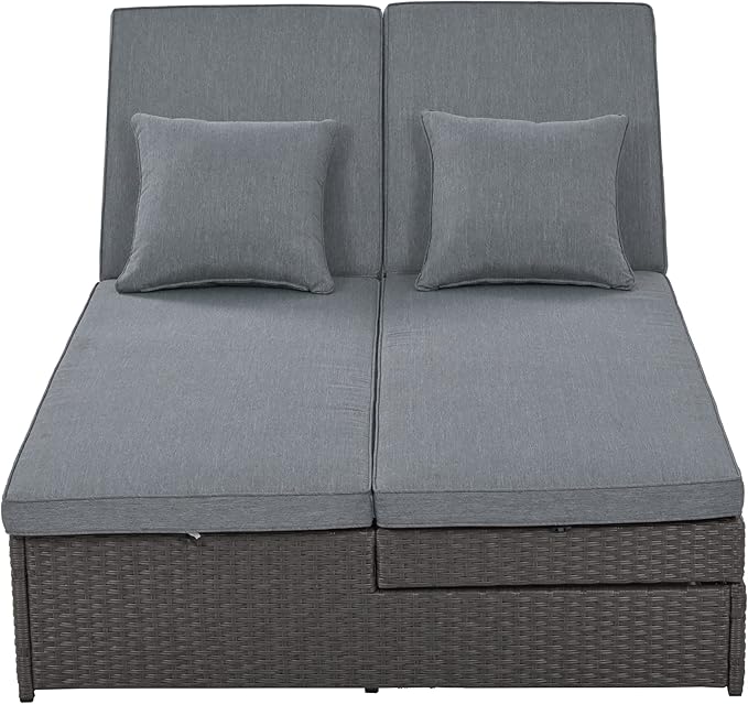 Patio Rattan Sunbed, All Weather Outdoor Wicker Double Daybed with Adjustable Backrest and Cup Tray - Photo 7