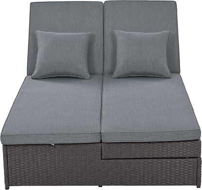 Patio Rattan Sunbed,All Weather Outdoor Wicker Double Daybed with Adjustable Backrest and Cup Tray,Reclining Chairs Conversations Set for 2 Person
